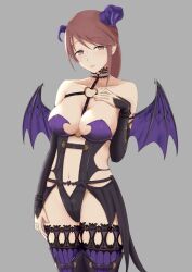 Rule 34 | 1girl, 1mm (norizo), breasts, choker, cleavage, demon horns, demon wings, detached sleeves, hand on own chest, heart o-ring, highres, horns, idolmaster, idolmaster cinderella girls, idolmaster cinderella girls starlight stage, large breasts, leotard, midriff, mifune miyu, navel, thighhighs, wings
