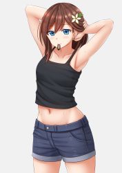 Rule 34 | 1girl, armpits, arms behind head, arms up, bare arms, bare shoulders, black camisole, black tank top, blue eyes, blue shorts, blush, brown hair, camisole, closed mouth, collarbone, commentary, denon, earrings, flower, grey background, groin, hair between eyes, hair flower, hair ornament, hair tie, hair tie in mouth, hana macchia, highres, jewelry, kazenokaze, long hair, looking at viewer, midriff, mouth hold, nijisanji, nijisanji id, short shorts, shorts, simple background, smile, solo, sweat, tank top, tying hair, virtual youtuber, white flower