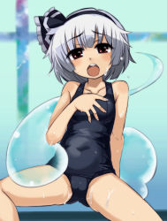 Rule 34 | 1girl, black school swimsuit, cameltoe, covered navel, fat mons, female focus, ghost, hitodama, konpaku youmu, konpaku youmu (ghost), nada haruka, navel, one-piece swimsuit, open mouth, red eyes, school swimsuit, short hair, silver hair, solo, spread legs, swimsuit, touhou, wet