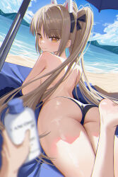 1girl 1other absurdres akipopopopoon animal_ears ass beach bikini black_bikini blue_archive blue_sky blurry bottle breasts brown_eyes brown_hair closed_mouth cloud commentary_request day depth_of_field fake_animal_ears hair_ribbon highres holding holding_bottle large_breasts long_hair looking_at_viewer lying moe_(blue_archive) mountainous_horizon ocean on_stomach outdoors ribbon sideboob sidelocks sky smile swimsuit the_pose thighs topless twintails