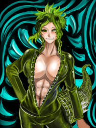Rule 34 | 1girl, abs, absurdres, alternate breast size, arm at side, arm behind back, breasts, cleavage, collarbone, collared jacket, commentary request, cowboy shot, crocodilian tail, green eyes, green hair, green jacket, green pants, grin, half-closed eyes, high collar, highres, huge breasts, jacket, kemono friends, long sleeves, medium hair, navel, no bra, open clothes, open jacket, pants, partially unzipped, saltwater crocodile (kemono friends), sharp teeth, slit pupils, smile, solo, stomach, tail, teeth, toned, tunndererabu, zipper