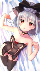 Rule 34 | 1girl, absurdres, akari (fantasista doll), animal ears, bare shoulders, bell, black bow, black thighhighs, blush, bow, breasts, cat ears, collar, collarbone, fantasista doll, hair bow, highres, jingle bell, looking at viewer, lying, neck bell, nipples, open mouth, paw pose, rawara mamihi, red bow, red eyes, short hair, silver hair, small breasts, solo, thighhighs