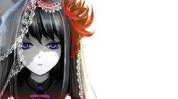 Rule 34 | 10s, 1girl, akemi homura, ao akamaou, aoiakamaou, black hair, flower, hair flower, hair ornament, homulilly, long hair, looking at viewer, lowres, mahou shoujo madoka magica, mahou shoujo madoka magica: hangyaku no monogatari, portrait, purple eyes, simple background, solo, spider lily, spoilers, veil, white background, witch (madoka magica)