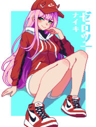 Rule 34 | 1girl, absurdres, baseball cap, darling in the franxx, green eyes, hat, highres, horns, japanese ranguage, long hair, looking at viewer, nike (company), pink hair, pixel art, ranguage, red horns, solo, yumykon, zero two (darling in the franxx)