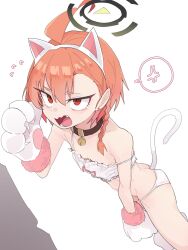 Rule 34 | 1girl, ahoge, anger vein, animal collar, animal ears, animal hands, ass, bell, blue archive, blush, bra, braid, butt crack, cat cutout, cat ears, cat lingerie, cat paws, cat tail, clothing cutout, collar, fake animal ears, fang, flat chest, flying sweatdrops, gloves, hair between eyes, halo, highres, jingle bell, meme attire, neru (blue archive), open mouth, orange hair, panties, paw gloves, pearlgang e, red eyes, short hair, simple background, single braid, solo, spoken anger vein, tail, tears, underwear, white background, white bra, white gloves, white panties