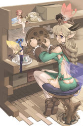 Rule 34 | 4girls, ^ ^, back cutout, bare legs, barefoot, black hair, blonde hair, blue hair, box, braid, bread, brown footwear, butt crack, cardboard box, chair, closed eyes, clothing cutout, cup, dark-skinned female, dark skin, drink, eating, elf, fairy, fairy wings, fantasy, flying, food, foot dangle, from behind, glasses, grin, halterneck, hand on own hip, head rest, highres, index finger raised, indoors, legs together, legs up, leotard, long hair, long sleeves, looking at viewer, lying, lying on person, mini person, minigirl, mug, multiple girls, no shoes, no socks, on stomach, open mouth, original, pelvic curtain, pink hair, plate, pointy ears, pota, pota (nabrinko), purple eyes, purple legwear, revealing clothes, shelf, shoes, short hair, shoulder cutout, single braid, sitting, size difference, smile, spoon, stool, thighhighs, thighlet, tree stump, twintails, wheel, white legwear, wings, wooden floor