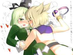 Rule 34 | 2girls, @ @, bad id, bad pixiv id, blonde hair, blush, breasts, chagen kokimu, cleavage, clenched teeth, couple, dress, earmuffs, female focus, green dress, green eyes, green hair, hat, headphones, heart, heavy breathing, mouth hold, multiple girls, open mouth, ribbon, ribbon in mouth, sleeveless, sleeveless dress, soga no tojiko, tears, teeth, touhou, toyosatomimi no miko, translation request, trembling, wavy mouth, wince, wristband, yuri