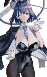 Rule 34 | 1girl, absurdres, alternate costume, animal ears, between breasts, black jacket, black leotard, black pantyhose, blazer, blue hair, blue necktie, blush, bow, bow earrings, breasts, cleavage, cowboy shot, detached collar, earrings, gloves, hair intakes, halo, hand on own hip, hand up, head chain, heart, highres, hololive, hololive english, jacket, jacket on shoulders, jewelry, large breasts, leotard, looking at viewer, mechanical halo, mell (dmwe3537), necktie, necktie between breasts, one eye closed, ouro kronii, pantyhose, parted lips, playboy bunny, rabbit ears, short hair, solo, thighs, virtual youtuber, white gloves, wrist cuffs