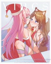 Rule 34 | 2girls, absurdres, animal ears, bang dream!, bang dream! it&#039;s mygo!!!!!, bare shoulders, blue eyes, blush, border, breasts, brown hair, chihaya anon, collarbone, commentary, detached sleeves, dress, english commentary, eye contact, fang, film grain, fox ears, fox girl, fox tail, fur-trimmed dress, fur-trimmed jacket, fur trim, grey eyes, hands on another&#039;s cheeks, hands on another&#039;s face, hat, highres, jacket, kemonomimi mode, long hair, looking at another, medium breasts, merry christmas, multiple girls, nagasaki soyo, nameless ark, nervous sweating, pink hair, red dress, santa hat, sidelocks, small breasts, strapless, strapless dress, sweat, tail, white border, yuri
