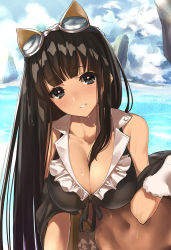 Rule 34 | 10s, 1girl, :d, animal ears, bare shoulders, bikini, black bikini, black eyes, black hair, black ribbon, blunt bangs, blush, breasts, cat ears, cat girl, cleavage, collarbone, cropped, female focus, frilled bikini, frills, front-tie bikini top, front-tie top, gloves, goggles, goggles on head, granblue fantasy, hair between breasts, head tilt, huge breasts, jessica (granblue fantasy), large breasts, leaning forward, long hair, looking at viewer, navel, open mouth, outdoors, parted lips, ribbon, smile, solo, swimsuit, wet, white gloves, yaman (yamanta lov)