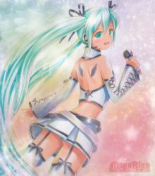 Rule 34 | 1girl, artist name, detached sleeves, garter straps, green eyes, green hair, hair ribbon, hatsune miku, long hair, looking back, matching hair/eyes, mayo riyo, microphone, midriff, open mouth, project diva (series), project diva 2nd, ribbon, skirt, solo, tattoo, thighhighs, traditional media, twintails, very long hair, vocaloid