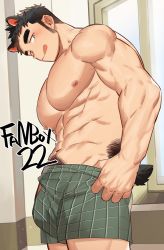 Rule 34 | 1boy, :q, abs, animal ears, bara, blush, boxers, bulge, dog ears, dog tail, excessive pubic hair, feet out of frame, gondom, grey male underwear, head tilt, highres, indoors, large pectorals, long sideburns, looking at viewer, male focus, male pubic hair, male underwear, male underwear pull, muscular, muscular male, navel, navel hair, nipples, original, paid reward available, pectorals, plaid, plaid boxers, plaid male underwear, plaid underwear, print male underwear, pubic hair, paid reward available, short hair, sideburns, solo, stomach, sunlight, tail, thick eyebrows, thick thighs, thighs, tongue, tongue out, underwear, underwear only, window