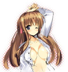 Rule 34 | 1girl, blue eyes, blush, breasts, brown hair, cleavage, large breasts, long hair, one eye closed, open clothes, open shirt, original, shirt, sikorsky, sketch, solo, wink