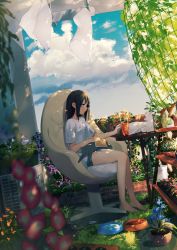 Rule 34 | 1girl, achiki, air conditioner, animal, animal on lap, bare legs, barefoot, black hair, blue sky, blurry, book, bowl, brick, cat, cat on lap, chair, closed mouth, cloud, cup, dappled sunlight, day, depth of field, drink, drinking glass, dutch angle, flower, flower pot, from side, garden, grey hair, headpat, holding, holding book, laundry, leaf, long hair, looking away, morning glory, net, office chair, on chair, on lap, original, outdoors, pet bowl, plant, potted plant, shelf, shirt, short sleeves, shorts, sitting, sky, smile, solo, sunlight, swivel chair, t-shirt, table, tree, vines, watering can, white shirt, wind, yawning