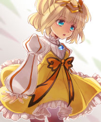 Rule 34 | 10s, 1girl, blonde hair, blue eyes, dress, frilled dress, frills, hair ornament, highres, jewelry, last period, long sleeves, looking to the side, medium hair, necklace, puffy long sleeves, puffy sleeves, saiki komari, solo, standing, yellow dress