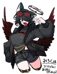 animal_ear_fluff animal_ears arm_up belt black_eyeliner black_eyes black_hair black_halo black_jacket black_shirt black_shorts breasts cat_ears character_request chest_belt copyright_request dot_nose dr_yamero eyeliner eyewear_on_head feathered_wings hair_over_one_eye halo hand_in_pocket highres inward_v jacket large_breasts long_sleeves looking_at_viewer makeup open_clothes open_jacket open_mouth original red_pupils sharp_teeth shirt short_hair shorts simple_background single_ear_down smile teeth thigh_belt thigh_strap tongue tongue_out turtleneck turtleneck_shirt upper_teeth_only white_background wings