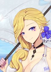 Rule 34 | 1girl, absurdres, alternate costume, azur lane, band-width, blonde hair, blue eyes, blush, breasts, casual one-piece swimsuit, choker, cleavage, collarbone, earrings, eyeshadow, facepaint, hair ornament, hair over shoulder, hair tie, head tilt, highres, holding, holding umbrella, hood (azur lane), hood (lady of the shining sun) (azur lane), jewelry, large breasts, long hair, looking at viewer, makeup, nail polish, o-ring, o-ring swimsuit, one-piece swimsuit, purple nails, signature, smile, solo, swimsuit, umbrella, upper body