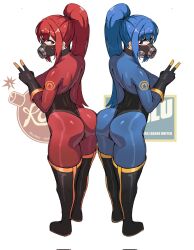 2girls ass black_footwear black_gloves blu_pyro_(tf2) blue_bodysuit blue_eyes blue_hair bodysuit boots breasts full_body gas_mask gloves highres impossible_bodysuit impossible_clothes large_breasts latex latex_bodysuit looking_at_viewer mask multiple_girls ponytail pyro_(tf2) red_bodysuit red_eyes red_hair red_pyro_(tf2) team_fortress_2 thigh_boots v wersman white_background