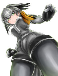 Rule 34 | 10s, 1girl, akegata tobari, arms at sides, belt, bird tail, black gloves, black hair, bodystocking, breast pocket, breasts, closed mouth, expressionless, fingerless gloves, foreshortening, from below, gloves, green eyes, grey hair, grey neckwear, grey shirt, grey shorts, hair between eyes, highres, kemono friends, layered sleeves, long hair, long sleeves, looking at viewer, looking down, low ponytail, medium breasts, multicolored hair, necktie, orange hair, pocket, shirt, shoebill (kemono friends), short over long sleeves, short sleeves, shorts, side ponytail, sidelocks, simple background, solo, standing, tail, tsurime, upper body, upshorts, white background