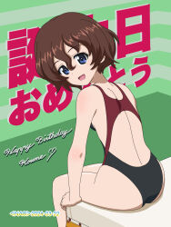 Rule 34 | 1girl, akaboshi koume, ass, blue eyes, breasts, brown hair, competition swimsuit, dated, from behind, girls und panzer, happy birthday, highres, looking at viewer, naotosi, one-piece swimsuit, open mouth, short hair, signature, simple background, small breasts, smile, solo, swimsuit