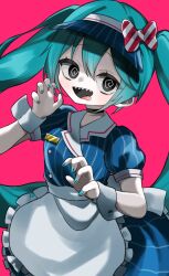 1girl black_eyes blue_dress blue_hair bow dress gloves hat hatsune_miku highres long_hair looking_at_viewer maro_maro_3939 mesmerizer_(vocaloid) open_mouth sharp_teeth shirt short_sleeves smile solo striped_clothes striped_shirt teeth visor_cap vocaloid