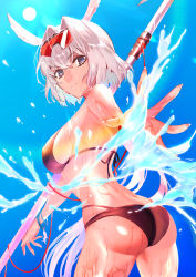 Rule 34 | 1girl, absurdres, animal ears, ass, bare shoulders, bikini, black bikini, blue eyes, blue sky, body markings, breasts, caenis (fate), caenis (swimsuit rider) (fate), caenis (swimsuit rider) (first ascension) (fate), cleavage, collarbone, fate/grand order, fate (series), goggles, hairband, harpoon, highres, large breasts, long hair, looking at viewer, navel, sky, smile, solo, swimsuit, thighs, urushimaru0701, very long hair, water, wet, white hair