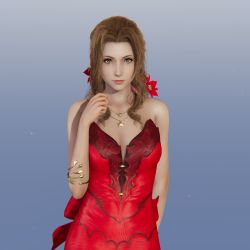 Rule 34 | 1girl, 3d, aerith gainsborough, armlet, bare shoulders, breasts, brown hair, dress, final fantasy, final fantasy vii, final fantasy vii remake, flower, gradient background, green eyes, hair flower, hair ornament, highres, jewelry, medium breasts, necklace, official alternate costume, parted bangs, red dress, sidelocks, sleeveless, sleeveless dress, solo, square enix, strapless, strapless dress, upper body, wall market