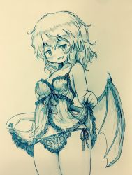Rule 34 | 1girl, arinu, babydoll, bare arms, bat wings, breasts, clothes lift, cowboy shot, fang, highres, lace, lace-trimmed panties, lace trim, lifting own clothes, looking at viewer, medium breasts, messy hair, monochrome, panties, remilia scarlet, side-tie panties, slit pupils, smile, solo, touhou, underwear, wings
