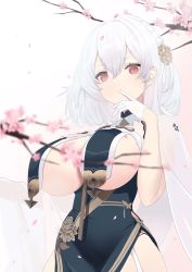 Rule 34 | 1girl, azur lane, blurry, blurry foreground, braid, branch, breast curtains, breasts, cherry blossoms, china dress, chinese clothes, cleavage, closed mouth, commentary, cowboy shot, dress, finger to mouth, flower, garter straps, gloves, gradient background, grey dress, hair between eyes, hair flower, hair ornament, half gloves, hand up, highres, large breasts, light smile, looking at viewer, neckwear between breasts, official alternate costume, oxygen mask (oxygenmask233), pelvic curtain, pink background, red eyes, revealing clothes, see-through, short hair, side braid, side slit, sidelocks, simple background, sirius (azur lane), sirius (azure horizons) (azur lane), solo, standing, underboob, white gloves, white hair
