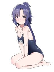 Rule 34 | 1girl, arms between legs, bare legs, blue archive, blue one-piece swimsuit, blush, breasts, cleavage, collarbone, highres, looking at viewer, medium breasts, name tag, one-piece swimsuit, pdal (pdalhhh), ponytail, purple eyes, purple hair, school swimsuit, seiza, simple background, sitting, solo, sweatdrop, swimsuit, white background, yuuka (blue archive)