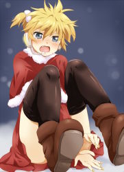 Rule 34 | 1boy, bad id, blonde hair, blue eyes, blush, boots, capelet, child, christmas, crossdressing, fang, headset, kagamine len, male focus, mantelet, maruki (punchiki), nail polish, open mouth, side ponytail, solo, tears, thighhighs, trap, vocaloid