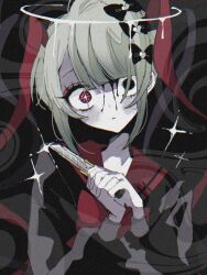 Rule 34 | 1girl, black background, black bow, black eyes, black hair, black halo, black shirt, bleeding from forehead, blonde hair, blood, blood on face, blunt bangs, bow, boxcutter, chouzetsusaikawa tenshi-chan, chouzetsusaikawa tenshi-chan (dark angel), commentary request, constricted pupils, dark persona, eyeshadow, film grain, frown, hair bow, halo, hands up, heart, holding boxcutter, long hair, long sleeves, looking at viewer, makeup, melting halo, multicolored hair, multiple hair bows, needy girl overdose, official alternate color, pale skin, parted lips, quad tails, red bow, red eyeshadow, red hair, red sailor collar, revision, sailor collar, shirt, solo, sparkle, tabun ningen, tears, twintails, upper body, wide-eyed
