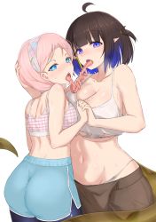Rule 34 | 2girls, absurdres, ahoge, arknights, ass, asymmetrical docking, bare arms, bare shoulders, black legwear, blue eyes, blue hair, blue poison (arknights), blue poison (shoal beat) (arknights), blue shorts, blunt bangs, blush, breast press, breasts, bright pupils, brown hair, brown pants, cleavage, crop top, dolphin shorts, earrings, eunectes (arknights), eunectes (forgemaster) (arknights), french kiss, frog girl, gradient hair, hair over shoulder, hand on another&#039;s head, highres, holding hands, interlocked fingers, intertwined tongues, jewelry, kiss, large breasts, pantyhose under shorts, long tongue, looking at viewer, looking back, multicolored hair, multiple girls, navel, noe (ppppriver), official alternate costume, one side up, open mouth, panties, pants, panty peek, pantyhose, pink hair, pointy ears, purple eyes, saliva, short hair, shorts, simple background, sleeveless, small breasts, snake tail, sports bra, stomach, sweat, tail, tongue, tongue out, torn clothes, underwear, white background, white panties, yuri
