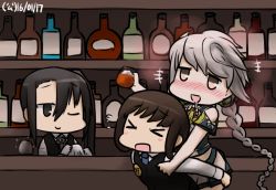 Rule 34 | &gt; &lt;, +++, 10s, 3girls, :d, alcohol, bar (place), bartender, black hair, blush, bottle, braid, brown hair, comic, commentary, dated, drooling, drunk, closed eyes, flying sweatdrops, fubuki (kancolle), hamu koutarou, kantai collection, long hair, multiple girls, nachi (kancolle), necktie, nose blush, one eye closed, open mouth, side ponytail, silver hair, smile, sparkle, unryuu (kancolle), very long hair, vest, wiping