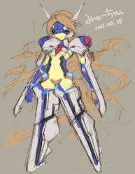 Rule 34 | 1girl, arc system works, blazblue, blonde hair, blue eyes, breasts, crotch plate, elbow gloves, female focus, gloves, headdress, jou, jou (mono), long hair, mecha musume, midriff, mu-12, navel, necktie, revealing clothes, robot ears, shoulder pads, sketch, small breasts, solo, thighhighs, underboob