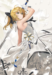 Rule 34 | 1girl, absurdres, ahoge, artoria pendragon (all), artoria pendragon (fate), black bow, black ribbon, blonde hair, bow, breasts, caliburn (fate), chyoel, closed mouth, dress, excalibur (fate/stay night), fate/unlimited codes, fate (series), floating hair, gloves, green eyes, hair between eyes, hair bow, highres, holding, holding sword, holding weapon, layered dress, long dress, long hair, neck ribbon, ponytail, print dress, ribbon, saber lily, sideboob, sleeveless, sleeveless dress, small breasts, smile, solo, standing, strapless, strapless dress, sword, weapon, white dress, white gloves