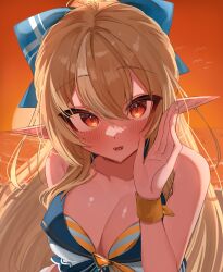 Rule 34 | 1girl, bikini, blonde hair, blush, bow, breasts, cleavage, dark-skinned female, dark elf, dark skin, elf, front-tie bikini top, front-tie top, hair bow, high ponytail, highres, hololive, hololive summer 2023 swimsuit, large breasts, long hair, looking at viewer, mikukana133, multicolored hair, open mouth, pointy ears, ponytail, red eyes, shiranui flare, sidelocks, solo, streaked hair, striped bikini, striped clothes, swimsuit, virtual youtuber, white hair, yellow bikini