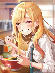 Rule 34 | 1girl, barbell piercing, black collar, blonde hair, blue necktie, blurry, blurry background, blush, bowl, chopsticks, collar, commentary request, ear piercing, eating, fingernails, food, grin, highres, indoors, industrial piercing, jewelry, kitagawa marin, long fingernails, long hair, looking at viewer, mozukun43, necktie, noodles, piercing, ramen, red eyes, ring, shirt, sleeves rolled up, smile, solo, sono bisque doll wa koi wo suru, spoon, steam, white shirt