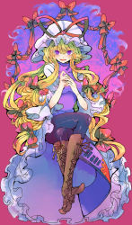Rule 34 | 1girl, absurdres, black pantyhose, blonde hair, boots, bow, crossed legs, hair ribbon, hat, hat bow, highres, kusuke, long hair, open mouth, own hands clasped, own hands together, pantyhose, purple eyes, ribbon, sash, solo, tabard, touhou, yakumo yukari