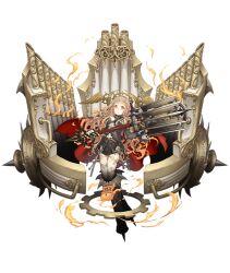 Rule 34 | 1girl, blonde hair, chain, full body, gears, holding, holding weapon, instrument, ji no, lock, long hair, looking at viewer, mace, official art, orange eyes, organ (instrument), padlock, pale skin, red riding hood (sinoalice), sinoalice, solo, tattoo, transparent background, veil, weapon