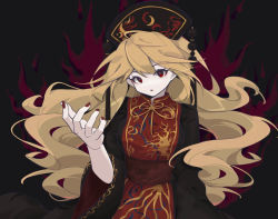 Rule 34 | 1girl, animal print, belt, bird print, black dress, black hat, blonde hair, bow, bowtie, breasts, brown belt, chinese clothes, chinese commentary, commentary request, crescent, dress, energy, grey background, hair between eyes, hand up, hat, highres, junko (touhou), long hair, long sleeves, looking at viewer, medium breasts, nail polish, open mouth, phoenix crown, phoenix print, pom pom (clothes), red eyes, red nails, red vest, simple background, solo, standing, tabard, touhou, user mayj4278, vest, wavy hair, wide sleeves, yellow bow, yellow bowtie