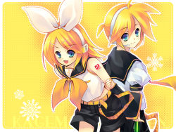 Rule 34 | 1boy, 1girl, arm warmers, arms behind back, back-to-back, belt, blonde hair, blouse, blue eyes, bow, hair bow, headset, kagamine len, kagamine rin, lace, lace-trimmed shirt, lace trim, looking back, necktie, open mouth, sailor collar, school uniform, shirt, short hair, short sleeves, shorts, simple background, sleeveless, sleeveless shirt, smile, snowflakes, vocaloid, white shirt, yellow background