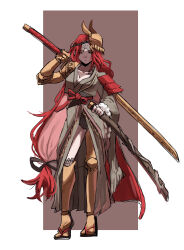 1girl absurdres amputee armor breasts cape closed_mouth dress elden_ring fujioctopus1 highres holding holding_sword holding_weapon japanese_clothes kimono long_hair malenia_blade_of_miquella mask mechanical_arms prosthesis prosthetic_arm prosthetic_leg red_cape red_hair simple_background single_mechanical_arm solo sword very_long_hair weapon