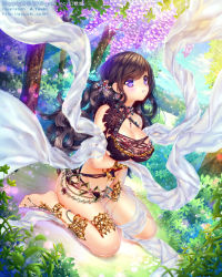 Rule 34 | 1girl, a.yuuki, anklet, artist name, barefoot, barefoot sandals (jewelry), bracelet, breasts, brown hair, cleavage, earrings, grass, hair ornament, jewelry, large breasts, long hair, lots of jewelry, original, parted lips, purple eyes, sitting, solo, toe ring, torn clothes, tree, watermark, web address