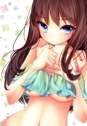Rule 34 | 1girl, bikini, blue eyes, blush, breasts, brown hair, hands on own chest, highres, looking at viewer, mintsu (ichi--kun), navel, original, solo, swimsuit, tankini, underboob, wavy mouth