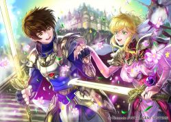 Rule 34 | 1boy, 1girl, armor, black gloves, blonde hair, bridal gauntlets, brown eyes, brown hair, cape, castle, couple, elbow gloves, eye contact, fingerless gloves, fire emblem, fire emblem: genealogy of the holy war, fire emblem: thracia 776, fire emblem cipher, flower, gloves, glowing, glowing sword, glowing weapon, green eyes, hetero, holding, holding hands, holding sword, holding weapon, leif (fire emblem), looking at another, nanna (fire emblem), nintendo, official art, open mouth, pauldrons, pink armor, pink gloves, purple thighhighs, short hair, shoulder armor, sidelocks, smile, staff, stairs, suzuki rika, sword, teeth, thighhighs, weapon, white armor, white cape, winged hair ornament