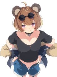 Rule 34 | 1girl, :3, ahoge, animal ears, bad id, bad pixiv id, bear ears, black choker, black shirt, blue jacket, blush, bow, bow panties, breasts, brown hair, choker, cleavage, closed mouth, collarbone, commentary, cowboy shot, crop top, denim, denim shorts, eyewear on head, from above, fur trim, garter straps, girls&#039; frontline, grizzly mkv (girls&#039; frontline), grizzly mkv (teddy transform!) (girls&#039; frontline), hands on own hips, jacket, looking at viewer, medium breasts, off shoulder, open clothes, open fly, open jacket, panties, purple eyes, shirt, short hair, short shorts, short sleeves, shorts, simple background, smile, solo, standing, sunglasses, underwear, unimon e, white background, white panties