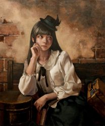 Rule 34 | 1girl, bench, black hair, black skirt, blunt bangs, book, brick wall, brown eyes, elbow rest, expressionless, hat, highres, imai takahiro, indoors, leaning, leaning to the side, long hair, long sleeves, looking to the side, oil painting (medium), original, painting (medium), ribbon, shirt, sideways glance, sitting, skirt, solo, stove, stucco, suitcase, top hat, traditional media, white shirt