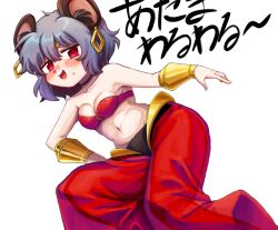 Rule 34 | 1girl, animal ears, arabian clothes, bandeau, black choker, blush, bracer, breasts, choker, cleavage, commentary request, cookie (touhou), cosplay, dancer, dokagui, earrings, feet out of frame, grey hair, hair between eyes, harem pants, hoop earrings, jewelry, looking at viewer, medium breasts, mouse ears, mouse girl, nazrin, nose blush, nyon (cookie), open mouth, pants, red bandeau, red eyes, shantae, shantae (cosplay), shantae (series), short hair, simple background, smile, solo, touhou, translation request, white background