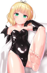 Rule 34 | 1girl, arm rest, bare shoulders, black gloves, black leotard, blonde hair, breasts, collarbone, commentary request, covered navel, demon wings, elbow gloves, feet, gloves, gluteal fold, gochuumon wa usagi desu ka?, green eyes, hair ribbon, highres, kirima syaro, latex, latex gloves, leg up, leotard, looking at viewer, naka (cheeseyeast), ribbon, shiny clothes, shiny skin, short hair, simple background, sitting, skin tight, small breasts, smile, soles, solo, toes, white background, wings